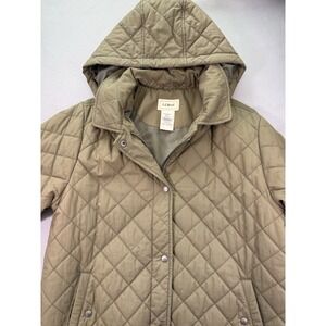 LL Bean Puffer Coat Parka Olive Green Removable Hood Full Snap/Zip Pockets Med